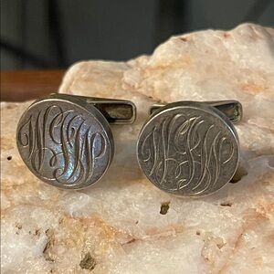 Allan Adler Sterling Silver Engraved Round Silver Monogram Cufflinks for Men